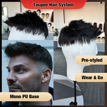 Система человеческих волос Pre-Cut Mono Base Парик Для Мужчин Unit Wear And Go Искусственные Парики Для Мужчин Прочный Мужской Протез Для Волос Мужские Парики