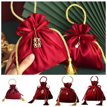Модная Китайская традиционная сумка для свадебных подарков, Бархатные мешочки из нетканого материала, Винтажный пакет для конфет винно-красного цвета со шнурком