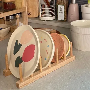 Массивная Бамбуковая подставка для тарелок Разделочная доска Блюдца Подставка для слива посуды Деревянные кухонные принадлежности для хранения Держатель крышки кастрюли
