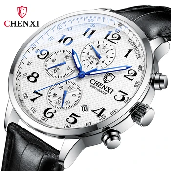 Брендовые часы CHENXI, мужские часы с хронографом, Кожаные Повседневные Высококачественные Кварцевые часы Для мужчин, наручные Водонепроницаемые Спортивные Мужские часы