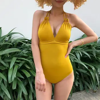 2021 Новый Корейский Женский цельный купальник, однотонный купальник с высокой талией, Монокини с глубоким V-образным вырезом, сексуальная Летняя пляжная одежда для плавания