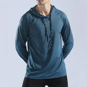Мужская спортивная футболка, однотонная толстовка с капюшоном и длинным рукавом, пуловер для бега трусцой, дышащая толстовка для тренировки мышц с отверстиями