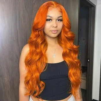 Оранжево-Имбирные объемные парики с кружевом спереди, парики из человеческих волос, предварительно выщипанные Бразильские Прозрачные волнистые парики с кружевом спереди размером 13х4 для женщин