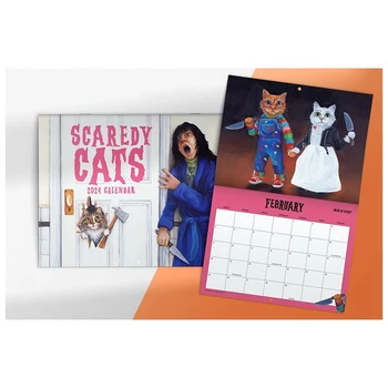1 шт. Ежемесячный календарь Scaredy Cats на 2024 год, как показано на рисунке Размером 21x29 см, пародия на кошку из фильма ужасов, настенный календарь на 12 месяцев