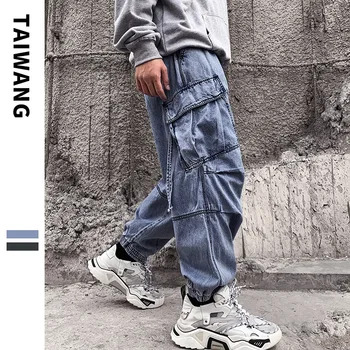 Уличная одежда в стиле ретро, мужские джинсы, мешковатые джинсы-карго с множеством карманов, свободные джинсовые брюки с эластичной талией на шнурке, мужские джинсовые брюки