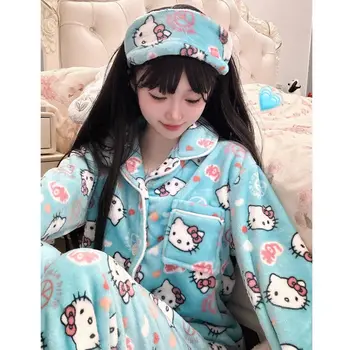Пижама Kawaii Hellokitty Pochacco Cinnamonroll Lady Из Кораллового Бархата Sanrio, Осенне-зимний Утолщенный Фланелевый Комплект Домашней Одежды