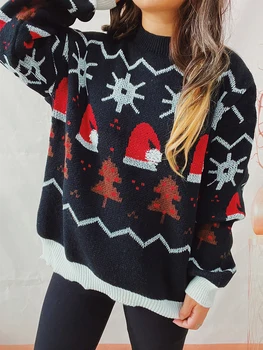 Женский Рождественский свитер с круглым вырезом и длинными рукавами, пуловер с рисунком дерева, зимний свитер