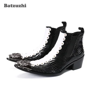 Мужские ботинки Batzuzhi на высоком каблуке 6,5 см, ботильоны из натуральной кожи с металлической заглушкой, мужские черные Белые Мужские ботинки для вечеринок/ мотоциклов