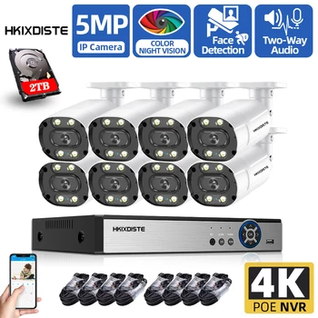 5MP HD Цветная Система Видеонаблюдения Ночного Видения для Дома H.265 8ch NVR Kit 5MP POE Двухсторонняя Аудио Камера Видеонаблюдения CCTV Kits 4K