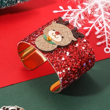Металлические блестки, Рождественская шляпа Лося, браслет-колокольчик для женщин, Подарочный бант Санта-Клауса, C-Образный Открытый Регулируемый Широкий браслет-манжета, ювелирные изделия