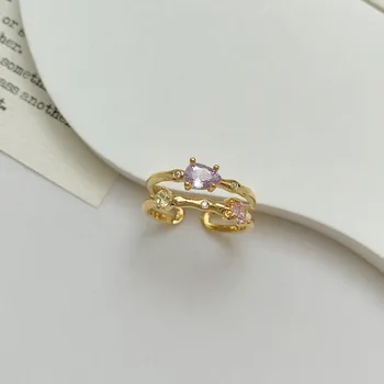 Великолепное двухслойное кольцо с фиолетовым цирконом во французском стиле с регулируемым отверстием и бамбуковым соединением