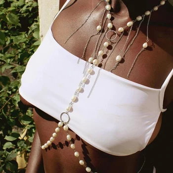Stonefans Сексуальная жемчужная цепочка на груди с кисточками, нижнее белье для женщин, фестивальный топ, имитация бисера, цепочка на животе, талия, ювелирные изделия бикини