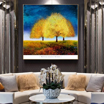 Абстрактные Золотые деревья, нанесенные маслом на холст, плакаты и принты, настенная художественная картина для домашнего декора гостиной