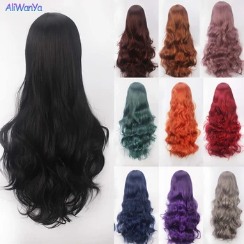 Красный парик для косплея для женщин, длинные волнистые вьющиеся синтетические парики 80 см, розово-фиолетовый для вечеринки, натуральный парик, синтетический парик в стиле Лолиты, сине-серый