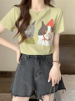 Хлопковая летняя новая футболка Cat с коротким рукавом и круглым вырезом для женщин