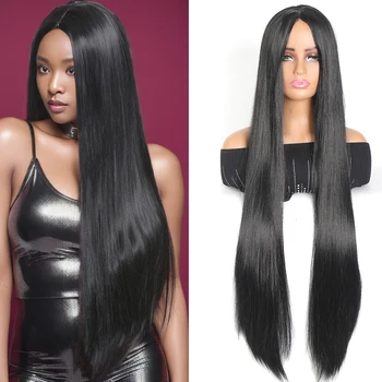 SEEANO Длинные прямые черные парики для женщин Синтетический Черный прямой парик из натуральных черных длинных волос 40 дюймов (черный)