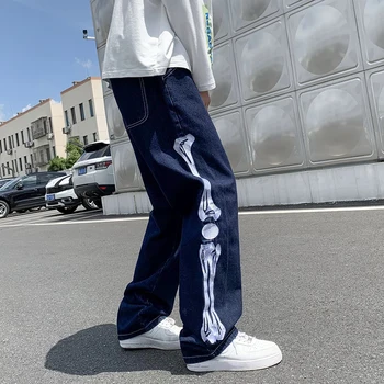 Джинсы, мужские скелеты, Мешковатые повседневные джинсовые брюки, мужская уличная одежда в японском стиле, широкие джинсовые брюки, мужские винтажные синие джинсовые брюки