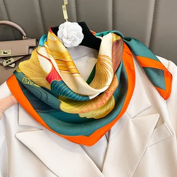 2023 Новый шелковый Квадратный шарф для женщин, Шаль, Атласный Хиджаб, Модные ленты для волос, Повязка на голову, Шейный платок, Женская бандана