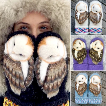 Женские перчатки Kawaii с совами, модные шерстяные перчатки ручной вязки для девочек, теплые, из мягкого плюша, на весь палец, теплые Зимние перчатки на открытом воздухе