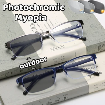 Фотохромные деловые очки для близорукости в полукадровой оправе с защитой от синего света, очки для близорукости на открытом воздухе, очки для ближнего зрения высокой четкости