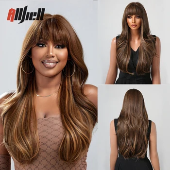Золотисто-коричневый парик Омбре для чернокожих женщин, длинный волнистый синтетический парик из термостойкого волокна, накладные волосы для афро-косплея Ежедневно