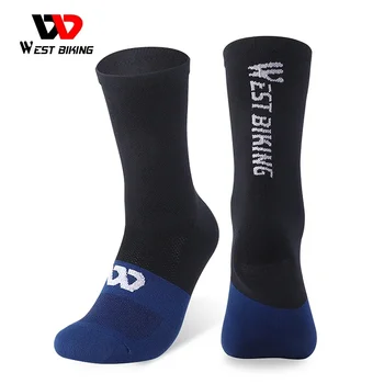WEST BIKING Профессиональные велосипедные носки Спортивные дышащие длинные носки с цветным блоком, нескользящие компрессионные футбольные носки для MTB велосипеда