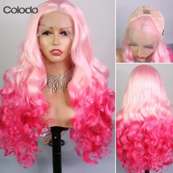 COLODO Синтетический Розовый Парик для Женщин Омбре Объемная Волна Синтетические Волосы На Кружеве Парик 30 Дюйм(ов) ов) Термостойкий Бесклеевой с Волосами Младенца 180% Плотность