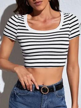 Повседневная женская укороченная футболка в полоску с квадратным воротником, облегающие классические футболки в стиле пэчворк с коротким рукавом, женский уличный топ 2023 года, женский топ для уличной одежды