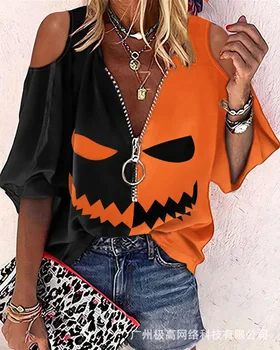 Топ с открытыми плечами с графическим принтом на Хэллоуин, женский топ с открытыми плечами и рукавом 