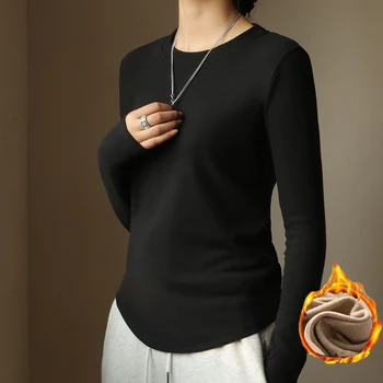 Женские зимние топы с круглым вырезом, рубашка с длинным рукавом, Черные повседневные тонкие базовые футболки из бархата с подогревом, зима 2023