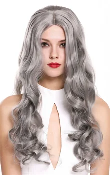 Популярные длинные серебристо-серые волнистые женские парики для косплея и вечеринок